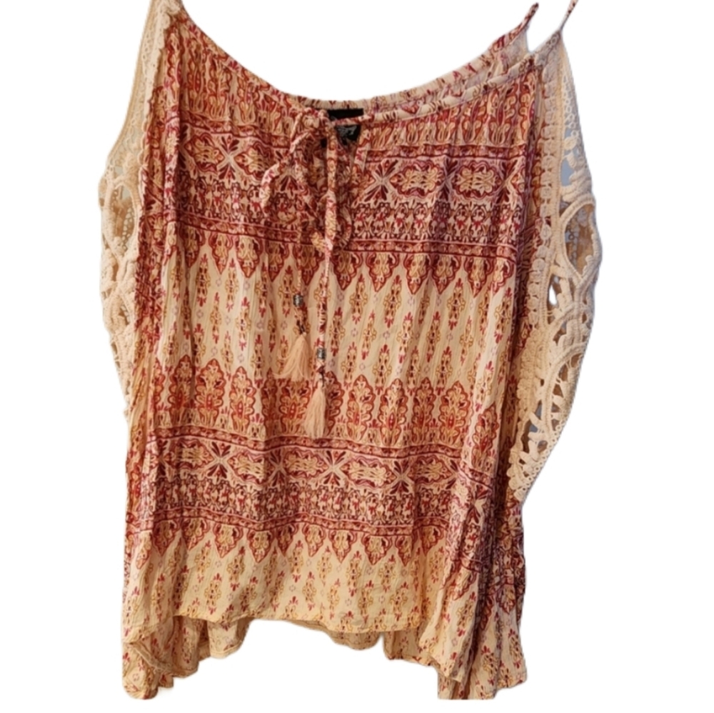 Bohemian Angie Small Lace Trim Top Tassles Open Shoulder Hippy
